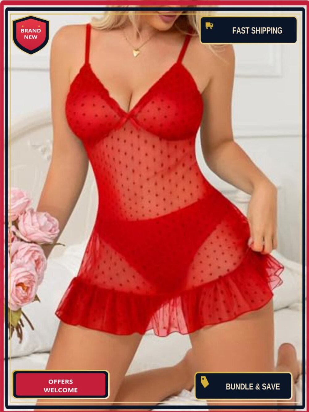 Mesh Sheer Babydoll Lingerie Dress Chemise Sleepwear with Thong - Picture 6 of 6